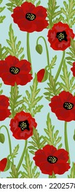 Patrón sin foco de flores rojas de amapola con hojas verdes. Ilustración vectorial sobre fondo azul - Fondo de textura floral.