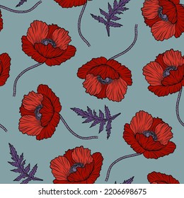 Seamless pattern with red poppy flowers. Papaver. Hand drawn line art sketch vector illustration. Ornate elegant summer background. Decor for Anzac day. Endless texture for textile, fashion, packing.