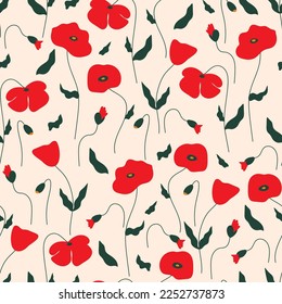 Seamless pattern with red poppy flowers