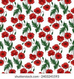 Patrón sin foco con flores rojas de amapola y hojas verdes. Papaver. Ornate y elegante fondo de verano. Decoración para el día de Anzac. Textura sin fin para textiles, moda, embalaje.