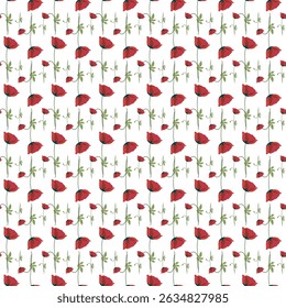 Seamless Pattern of Red Poppy Flowers with Green Stem on White Background