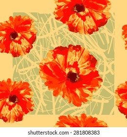 Seamless pattern with red poppy flowers. Vector illustration.