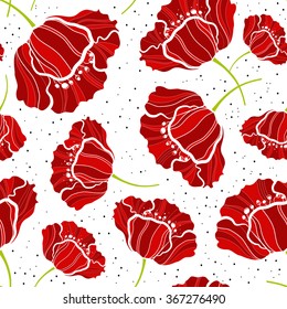 Seamless pattern with red poppy flowers on white background