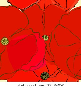 seamless pattern with red poppy flowers
