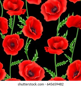 Seamless pattern with red poppy flowers