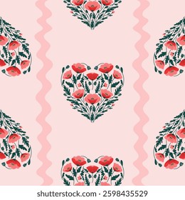 Seamless pattern with red poppy. Hand drawn flowers with green leaves on a light background.