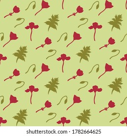 Patrón sin foco con silueta roja de amapola sobre fondo verde claro. Imagen vectorial. 