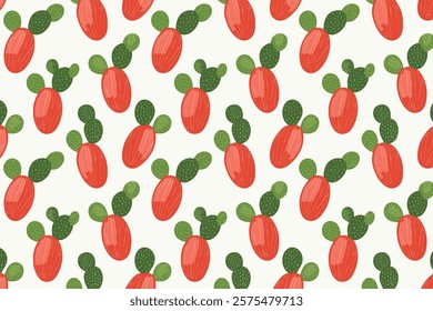 Seamless pattern with red prickly pear. Fruit vector illustration in cartoon style.