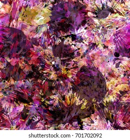 Seamless pattern. Red, purple, brown, pink, yellow, orange, black colors. Splatter texture. Brush strokes effect. Abstract vector background for web page, banners, fabric, home decor, wrapping