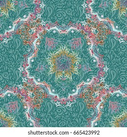 Seamless pattern with red and purple elements. A vector ornament in east style. Design for the text, invitation cards, various printing editions.
