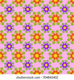 Seamless pattern of red and purple flowers with green leaves on a pink background.