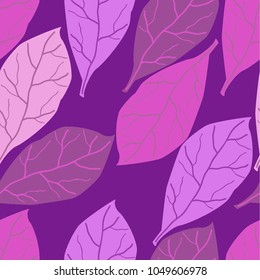 Seamless pattern of red and purple leaves on a red background