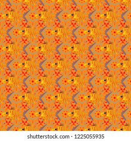 Seamless pattern in red, purple and orange colors. Vector abstract home decorative ornament, containing from geometric figures and mandalas.