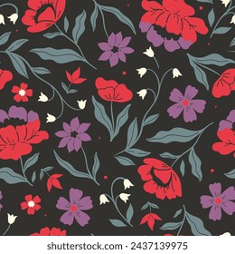 Seamless pattern with red, purple and white flowers on a black background. Vector graphics.