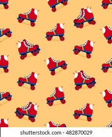 Seamless pattern of red and rainbow color striped seventies retro rollerskate shoes on yellow background, vector illustration