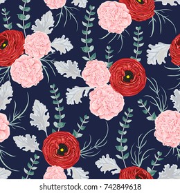 Seamless pattern with red ranunculus, carnation flowers, spiral eucalyptus and dusty miller. Decorative holiday floral background. Vintage vector illustration in watercolor style