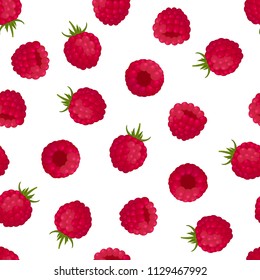 Seamless pattern of red raspberries on a white background. Design for textiles, labels, posters, banners. Vector illustration.