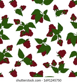 Seamless pattern with red raspberries on a white background.