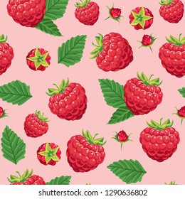 Seamless pattern with red raspberry berries and green leaves on pink background. Vector illustration of food in cartoon flay style.