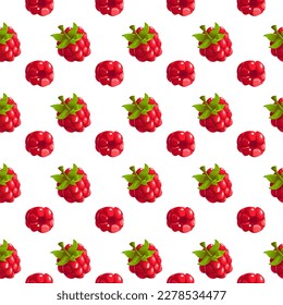 Seamless Pattern of Red Raspberry Berries and Leaves on a White Background. Vector Illustration in Cartoon Style.
