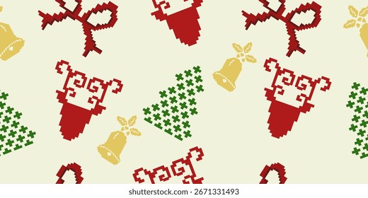 Seamless pattern of red reindeer,Christmas tree, yellow bell, red ribbon in pixel design on light yellow background for textile, wrapping