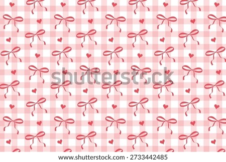seamless pattern with red ribbon bows and hearts on gingham