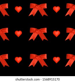 Seamless pattern of red ribbon and heart on black background.