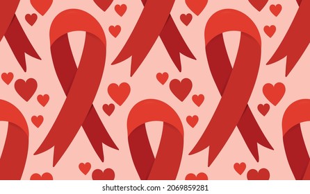 Seamless pattern with red ribbon - HIV AIDS awareness symbol and hearts. Vector background. Backdrop texture for health care medical concept. World Aids Day print