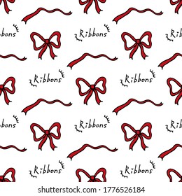 Seamless pattern with red ribbons on white background for fabric, textile, clothes, tablecloth and other things. Vector image. 