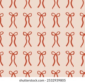 Seamless pattern with red ribbons. Vector flat background with small bows in retro style. Coquette and ballet core. Holiday valentines day clipart