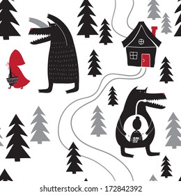 Seamless pattern with Red Riding Hood and wolf walking in the woods. Wolf swallowed grandmother. Red Riding Hood fairy tale.