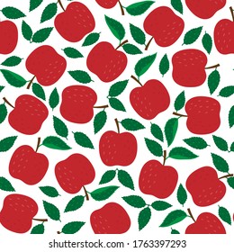 Seamless pattern with red ripe apples and leaves on a white background. Vector illustration in Doodle style.