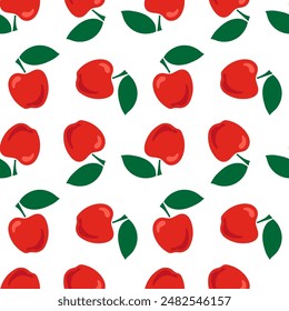 Patrón sin costuras con manzanas maduras rojas y hojas sobre un fondo blanco. No.
