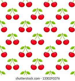Seamless pattern with red ripe cherries on white background. Summer paper with fresh berries. Vector illustration