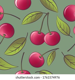 Seamless pattern with red ripe cherry and leaves on green background. Illustration can use for packaging, textile, fabric, wrapping paper or posters. Engraving and halftone style. 