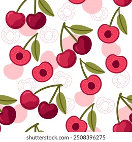 Patrón sin fisuras Baya de cereza roja madura con hoja verde. Mitades enteras y cereza con semilla. Naturaleza fresca y jugosa de las frutas. Ilustración vectorial sobre fondo blanco