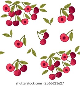 Seamless pattern of Red ripe cherry berry with green leaf. Whole and halves cherry with seed. Fresh and juicy nature of the fruits. Vector illustration on white background