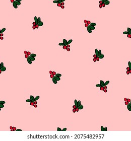 Patrón sin foco de cowberry roja madura y hojas verdes sobre fondo rosado. Bayas rojas. Vector, Ilustración.