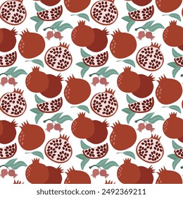 Seamless pattern with red ripe pomegranates with leaves on white background. Summer fruit print for textile, paper, packaging, fabric and design, vector graphic