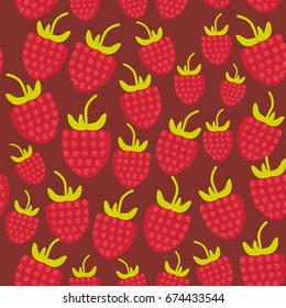 seamless pattern Red ripe raspberries Fresh juicy berries on burgundy maroon background. Vector