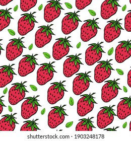 
Patrón sin foco con fresas maduras rojas, frutas estacionales estivales, huella de fruta, fresas rojas jugosas, ilustración vectorial al estilo doodle.