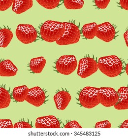 Seamless pattern with red ripe strawberry on light green  background