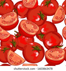 Seamless pattern with red ripe tomatoes. Endless hand-drawn  texture for your design.