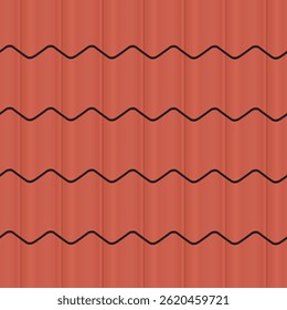 Seamless pattern of red roof tiles with bold black wave lines, ideal for backgrounds, construction themes, and architectural visuals.