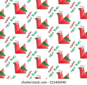Seamless pattern of red rooster with text for New Year decoration. Vector illustration for greeting postcard, brochures, souvenirs, scrapbooking, calendars, printed, textiles, wrapping, website etc.