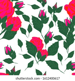seamless pattern red rose branch with buds and falling leaves on a transparent background