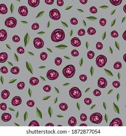 Seamless pattern with red rose buds and green leaves on a gray background. Vector illustration, hand drawing, vector.