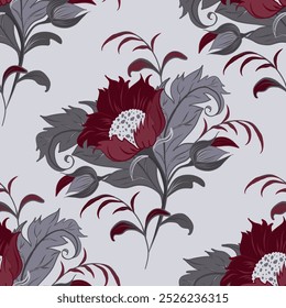 Seamless pattern with red rose, buds and gray leaves. Folk vector illustration with flowers. Boutonniere of rose flowers. Beautiful Bouquet of elegant flowers.