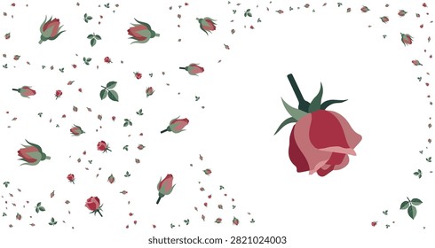 seamless pattern of red rose buds with green sepals scattered diagonally on a white background