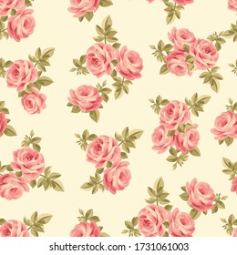 Seamless pattern of red rose flower with leaves antique style on yellow background. Used for gift wrapping pattern, screen wallpaper, cards and postcard.